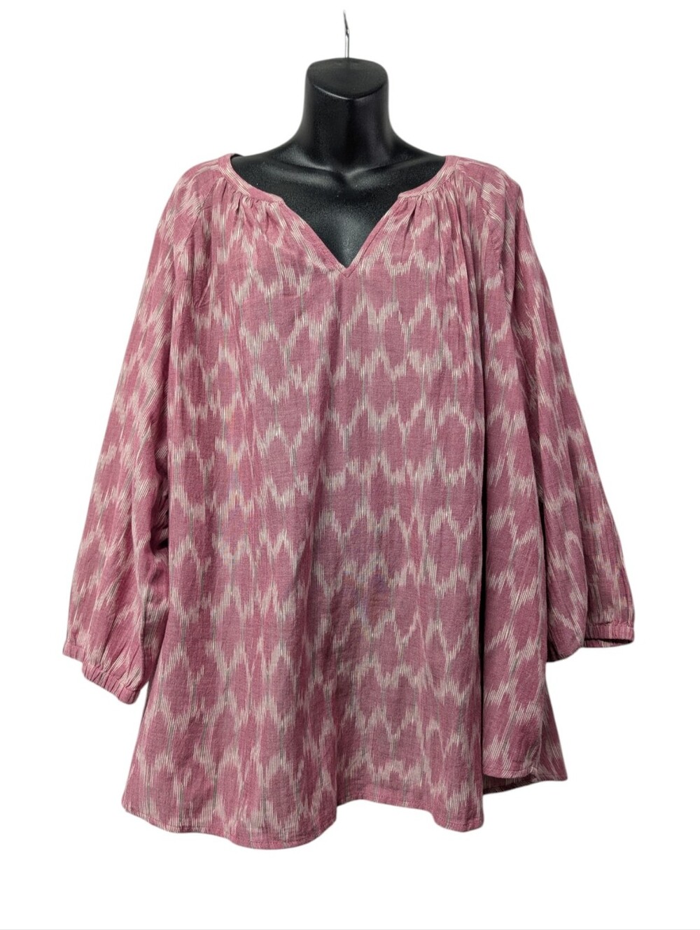 PureJill 3X Pink Ikat Pattern Cotton Tunic Blouse V-Neck Bell Sleeve Plus Boho